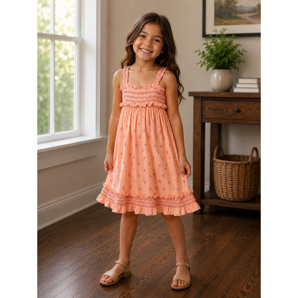 Kate Quinn Girls Peach Bamboo Smocked Bird Print Ruffle Dress Size 6Y